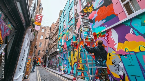A graffiti artist stands on a ladder, meticulously adding colorful designs to a large street art mural on an alley wall in the city. Graffiti Artist Creating a Mural on City Alley Wall