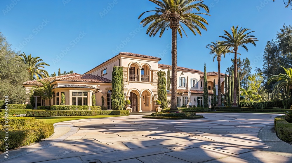 An expansive Mediterranean-style villa surrounded by lush palm trees and manicured gardens, under a clear blue sky. Luxurious Mediterranean Style Villa with Palm Trees

