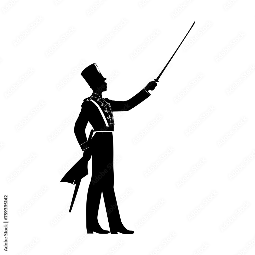 Silhouette drum major with mace in perform marching band leader Silhouette drum major with mace in perform marching band leader