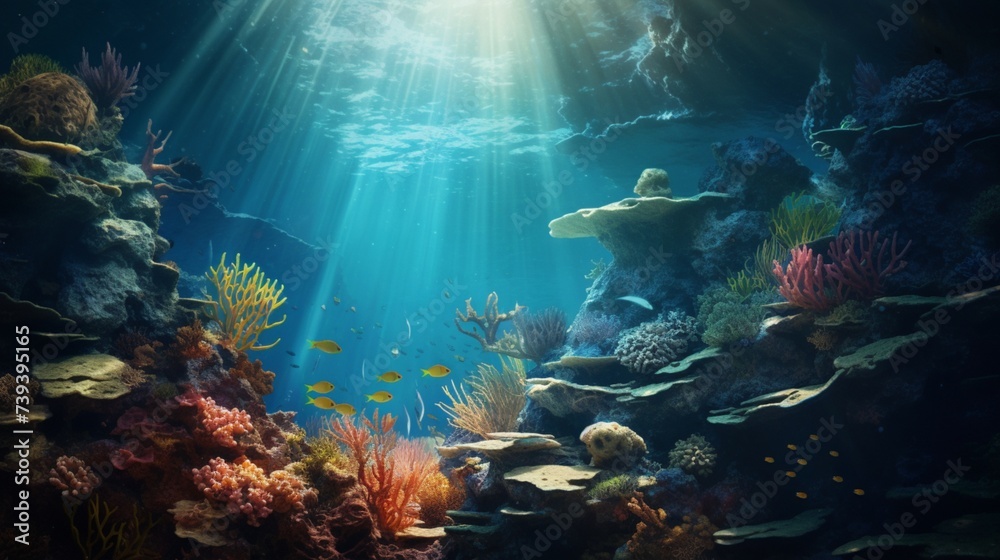 A captivating digital background inspired by underwater landscapes, showcasing the beauty of marine life and the clarity of an HD photograph,