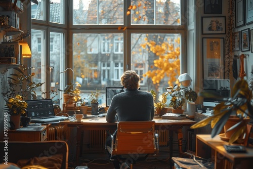 A man works diligently at his computer, surrounded by the warmth of indoor furniture and a beautiful vase on the coffee table, lost in thought in his peaceful room