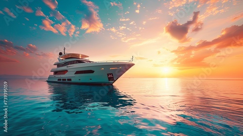 Opulent Yacht Cruising at Sea During Sunset A luxurious yacht glides across calm sea waters, bathed in the warm glow of a picturesque sunset with a sky painted in vibrant colors.   © M