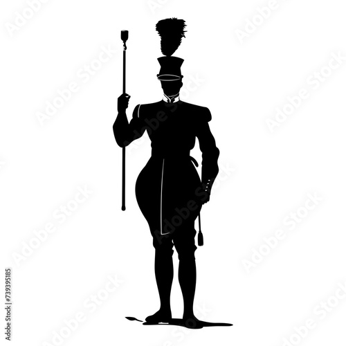 Silhouette drum major with mace in perform marching band leader