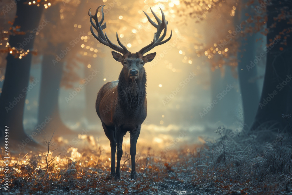 Buck standing in a lit forest clearing - obrazy, fototapety, plakaty 