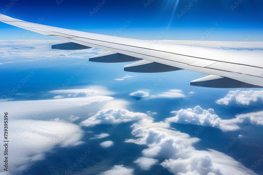 Fototapeta premium Wing of an Airplane Flying Above Clouds