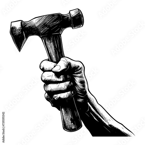 Silhouette hand holding hammer for construction or labor day celebration logo symbol