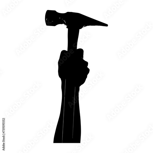 Silhouette hand holding hammer for construction or labor day celebration logo symbol