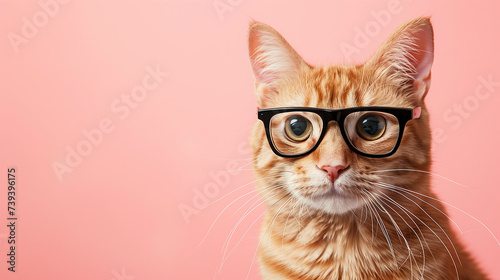 Adorable cat wearing glasses on pink background and free space for text.