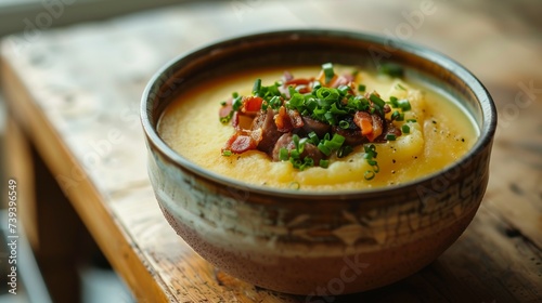 pureed potato soup with smoked sausage and fried bacon photo