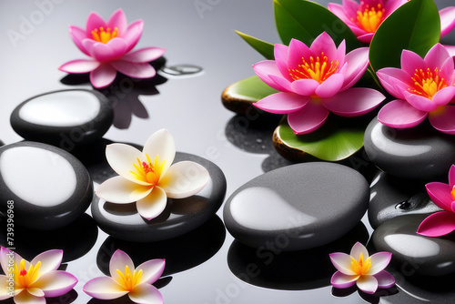 Spa gray background with massage stones  exotic flowers and copy space.