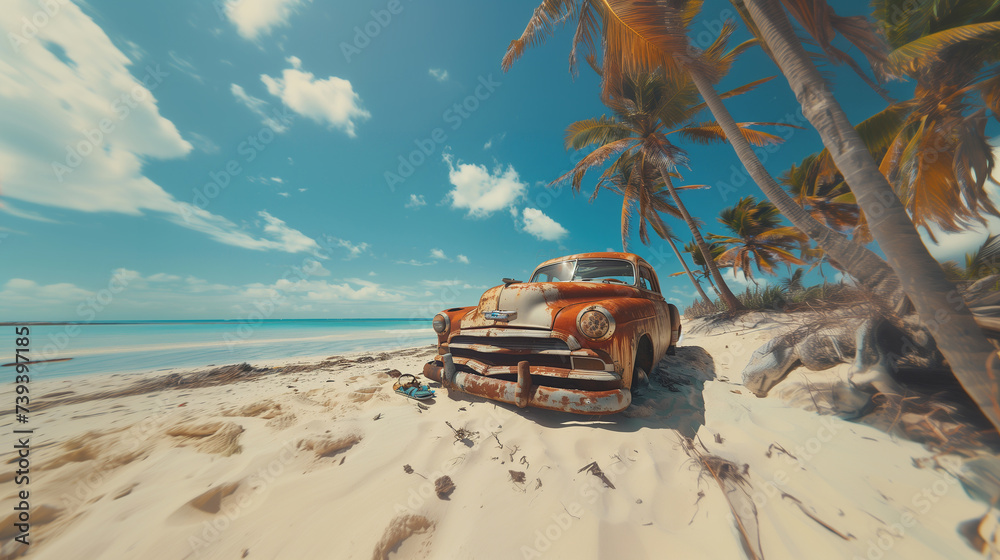 Beautiful Caribbean Cuba island paradise wide white sandy beach with tropic blue sky landscape with a coconut palms. Wide angle lens photo of a rusty 1950s retro car partially buried in hot sand.