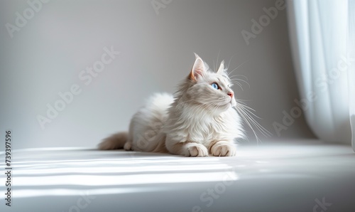A white cat with shiny fur shining in the sunlight and a light white background