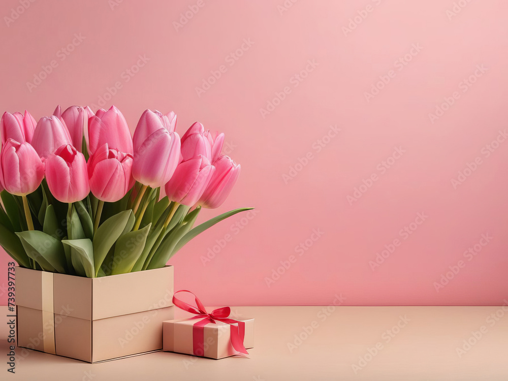 A bouquet of pink tulips next to a pink gift box on a beige background, an empty space for the text on the right A bouquet of pink tulips next to a pink gift box on a beige background, an empty space for the text on the right