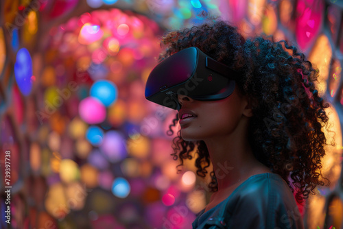 A woman is captivated by a virtual reality world, surrounded by a bokeh of multicolored lights.