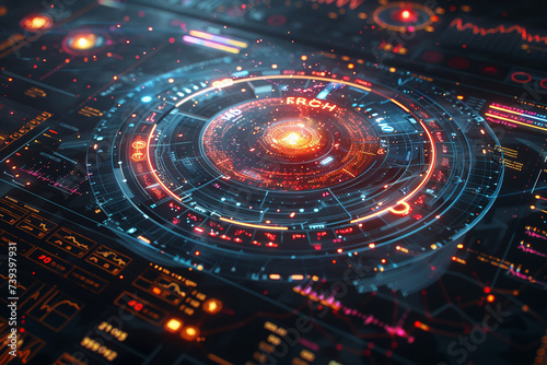 Sci-fi themed interface with a holographic projection and intricate circuit data visualization.