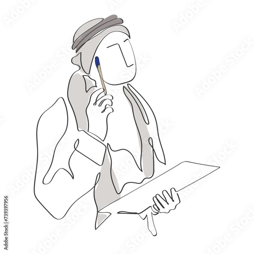 Hand drawn continuous line art of an Arab Man. Arab Man headscarf. Emotional Chart of an arab man.