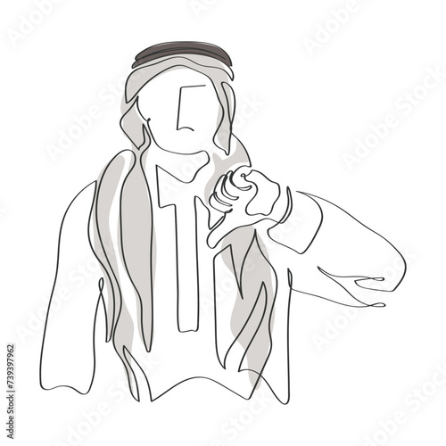 Hand drawn continuous line art of an Arab Man. Arab Man headscarf. Emotional Chart of an arab man.  Disappointment concept
