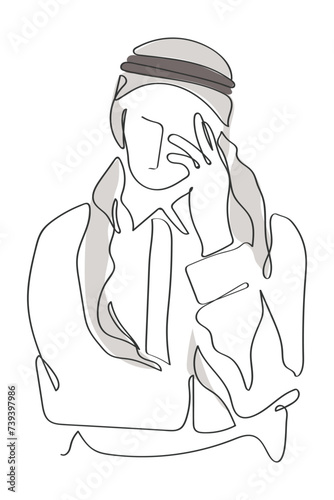 Hand drawn continuous line art of an Arab Man. Arab Man headscarf. Emotional Chart of an arab man. Thoughtful and doubtful concept