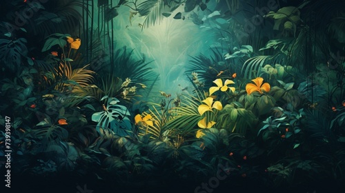 A captivating digital background design with an abstract representation of a dense jungle, featuring vibrant flora and tropical foliage, suitable for a lush and adventurous background
