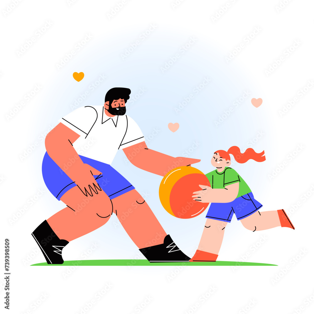 Happy family flat illustration, father and daughter playing ball