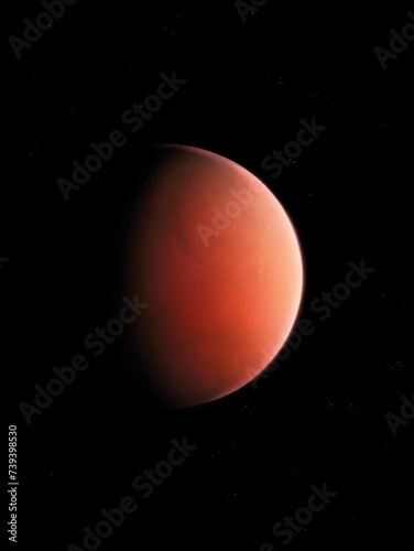 Red planet isolated in shadow. Rocky alien planet. Mars-like exoplanet in space, cosmic landscape.
