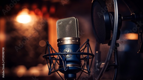 Condenser microphone with pop filter in a professional recording studio with ambient lighting.