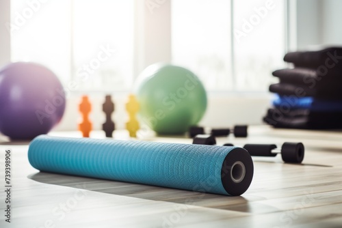 Blue yoga mat rolled up in a bright gym with various exercise gear.