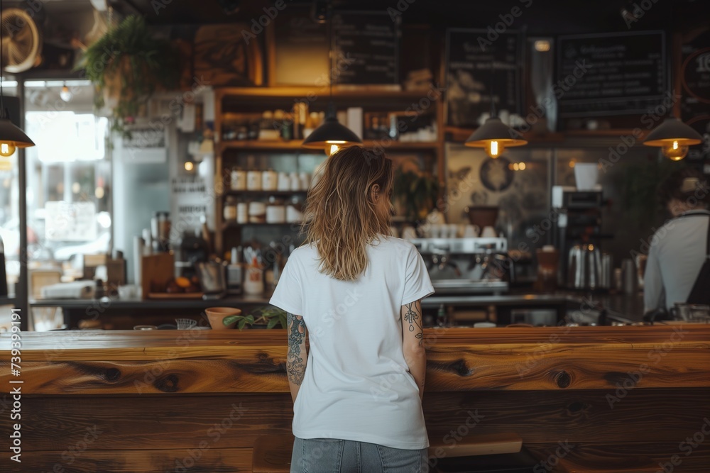Rear view of a pensive woman in a casual white t-shirt, sitting alone in a cozy urban cafe adorned with warm string lights. Rear view of a pensive woman in a casual white t-shirt, sitting alone in a cozy urban cafe adorned with warm string lights.