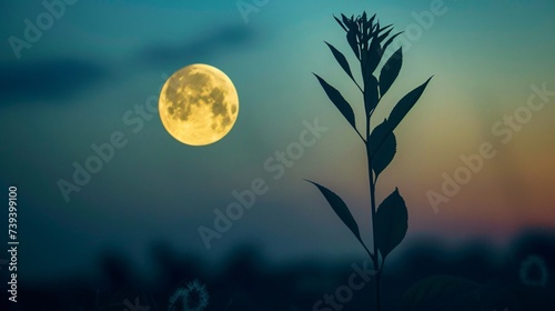 A plants silhouette growing taller as the moon casts its soft light symbolizing hope and renewal