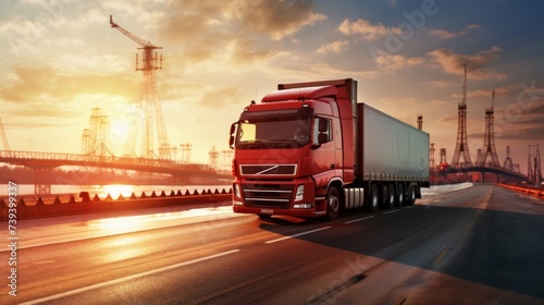 Cargo truck driving on highway at sunset with industrial cranes in backdrop.