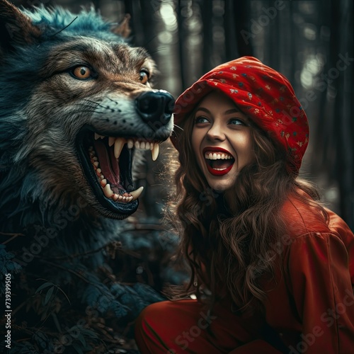 a funny photo depicting a cheerful girl in a red hat and a kind gray wolf against a forest background. they play by growling at each other. a wide smile showing healthy teeth. advertising for a pediat