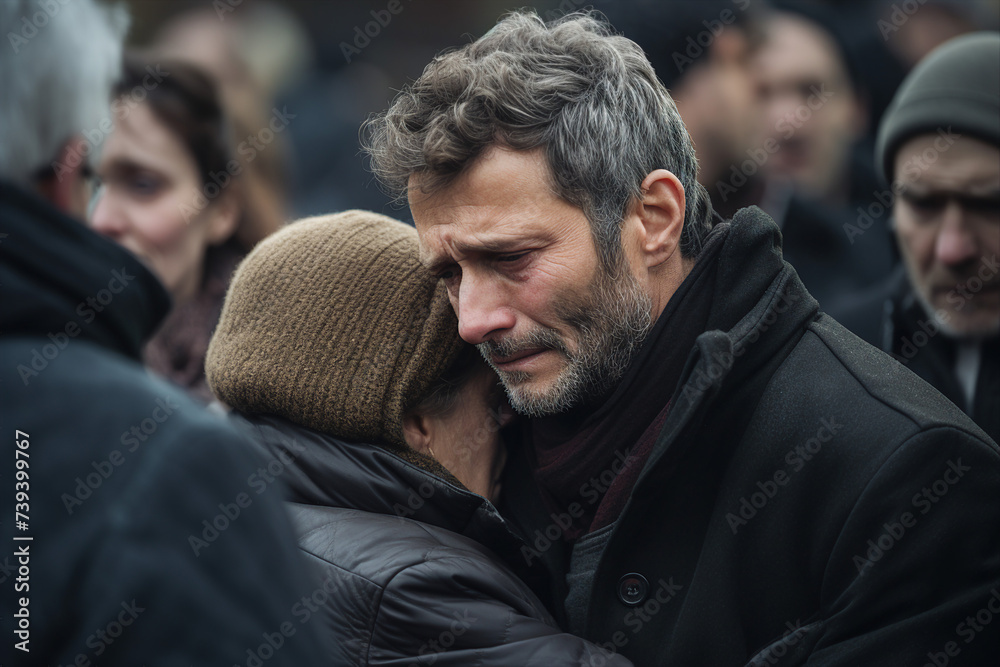 Funeral scene picture of sad depressed people crying farewells at cemetery Funeral scene picture of sad depressed people crying farewells at cemetery