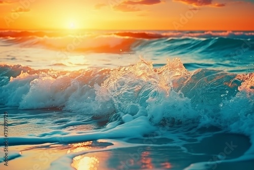 Majestic sea water ocean wave with stunning reflection of the rising sun on the horizon