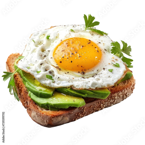 Breakfast toast with avocado  and fried egg on transparent background. 
