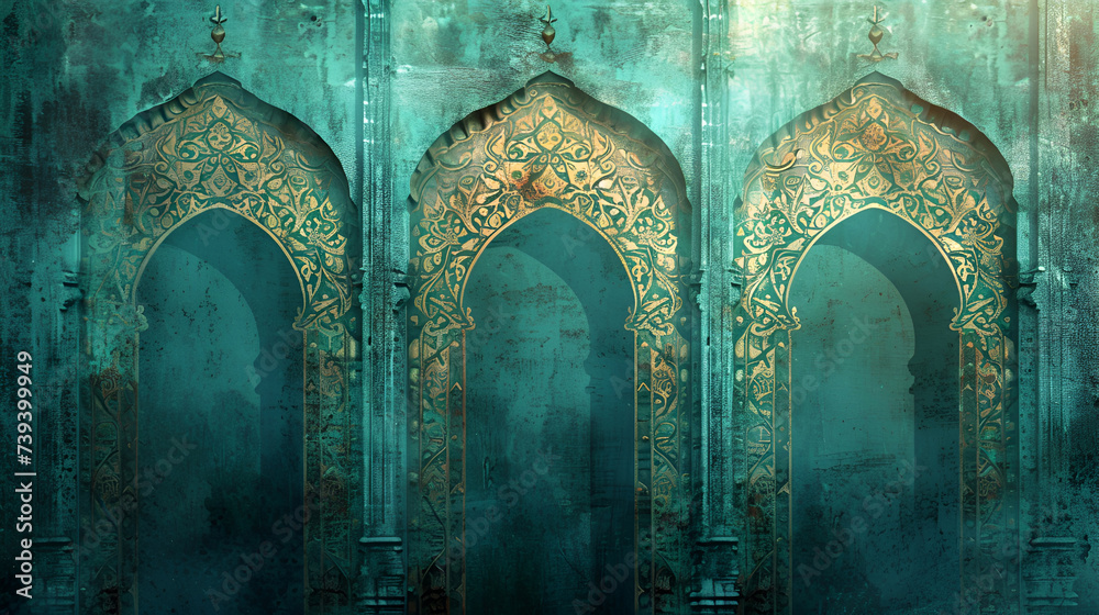 The background is decorated with arches and patterns in Arabic style - obrazy, fototapety, plakaty 