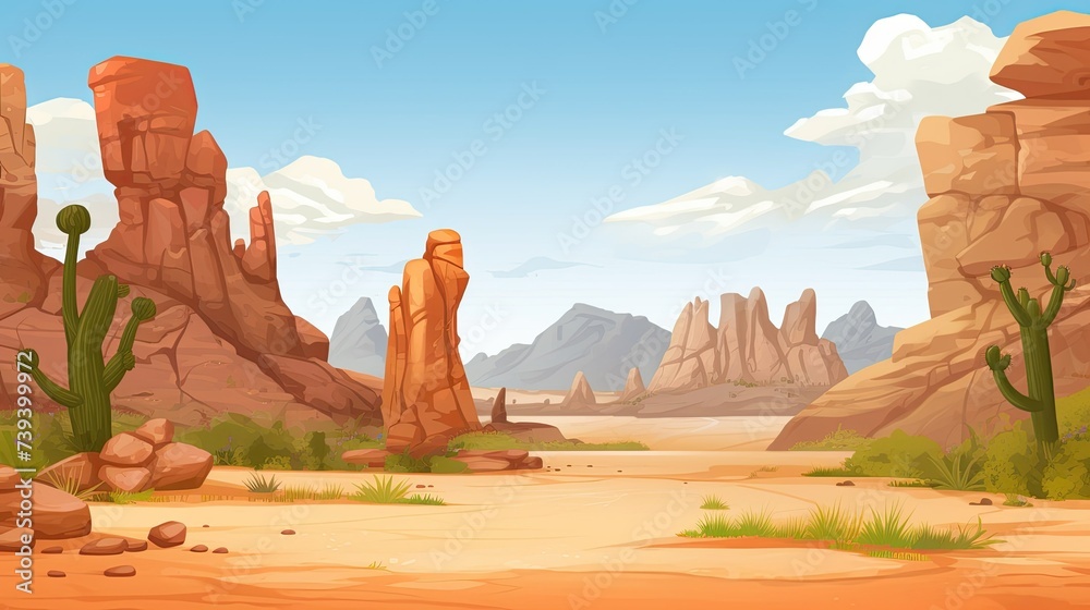 Cartoon desert landscape with rocks. Sand, mountains and hot summer scene with copy space