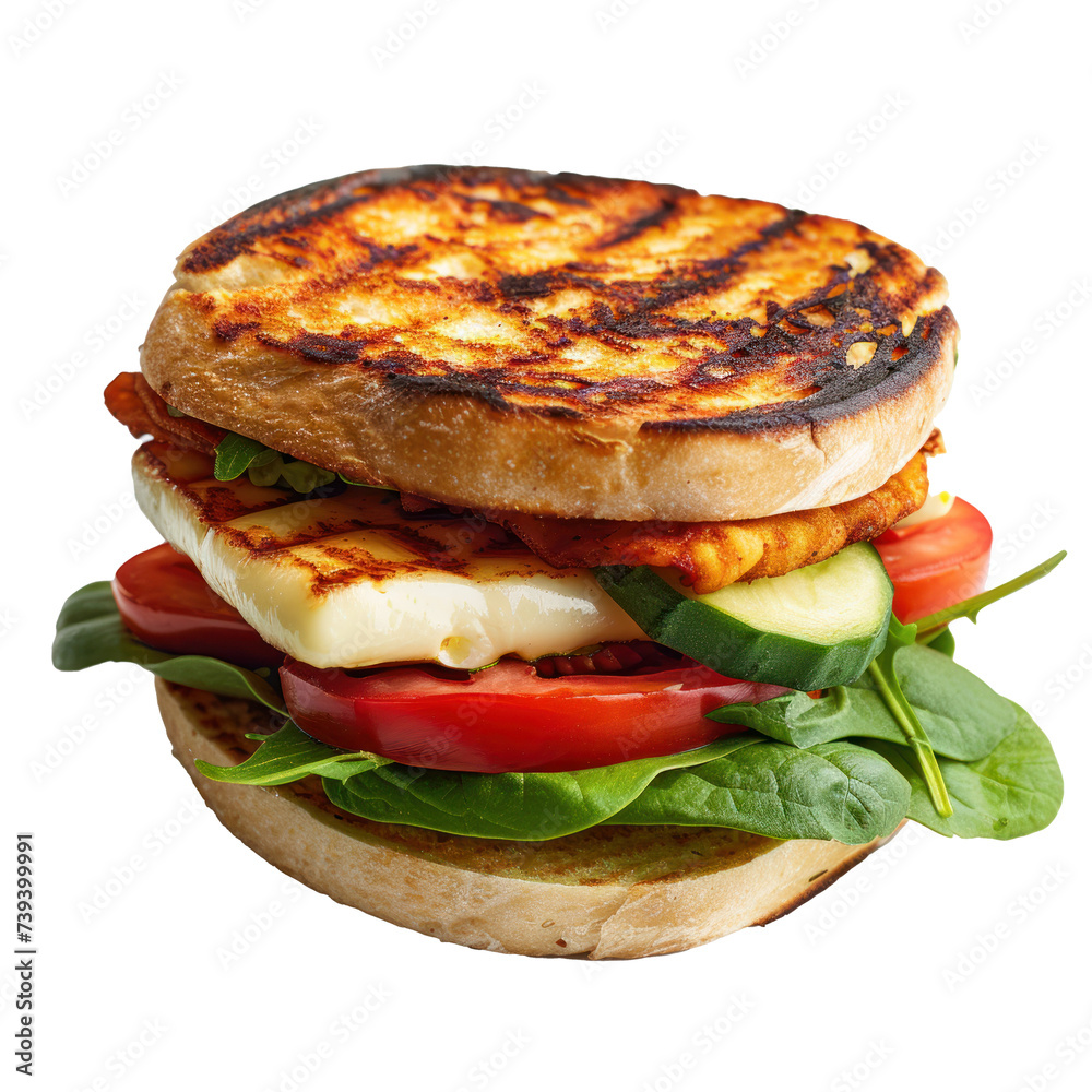 Grilled halloumi cheese sandwich isolated on transparent background. Grilled halloumi cheese sandwich isolated on transparent background.