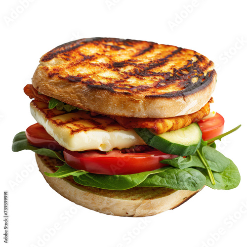 Grilled halloumi cheese sandwich isolated on transparent background.  photo