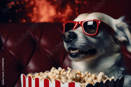 Funny dog watching 3D movie in glasses and eating popcorn at cinema generative AI photo