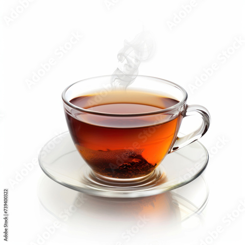 Black hot tea with steam in transparent glass. 