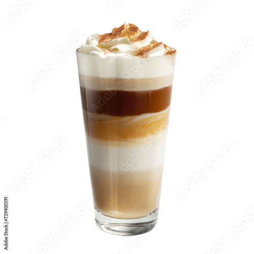 Glass of latte with whipped cream on transparent background. 