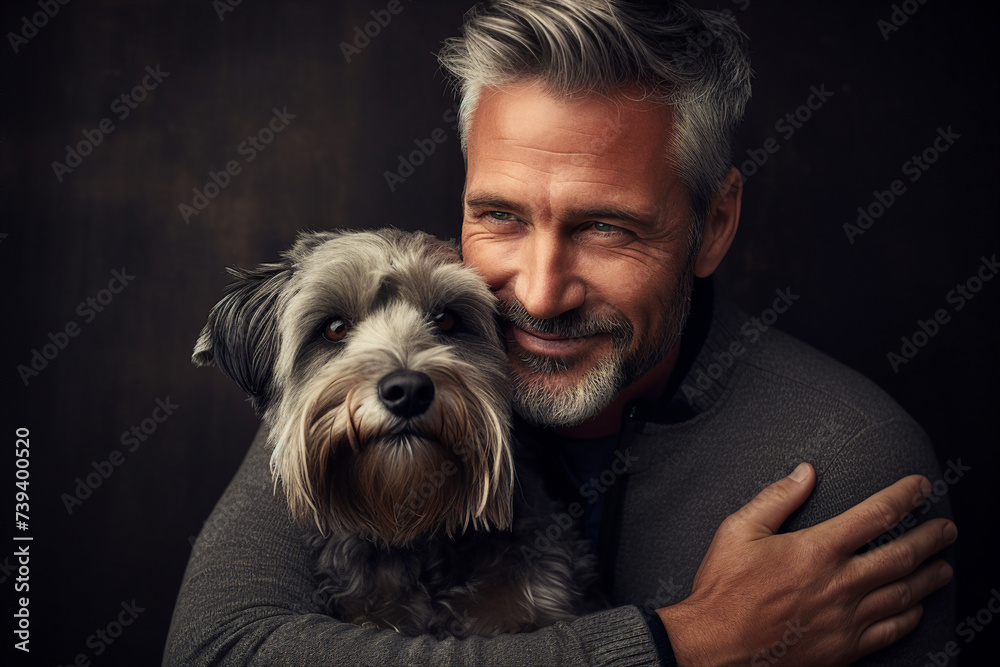 Generative AI image of happy smiling person male interacting with animal Generative AI image of happy smiling person male interacting with animal