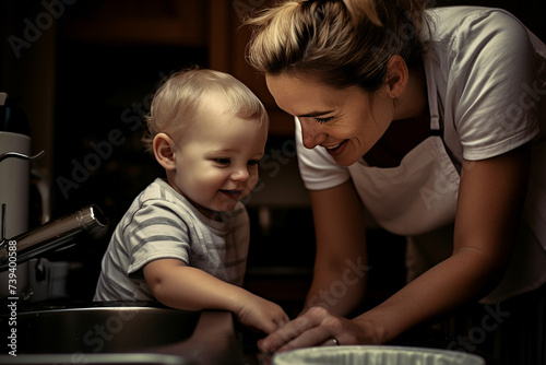 Hardworking housewife doing household chores generative AI photo