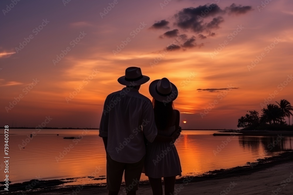 Happy couple enjoying luxury sunset on beautiful beach during summer vacation relaxation