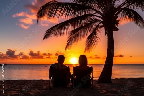 Happy couple enjoying a romantic luxury sunset beach getaway during summer vacation