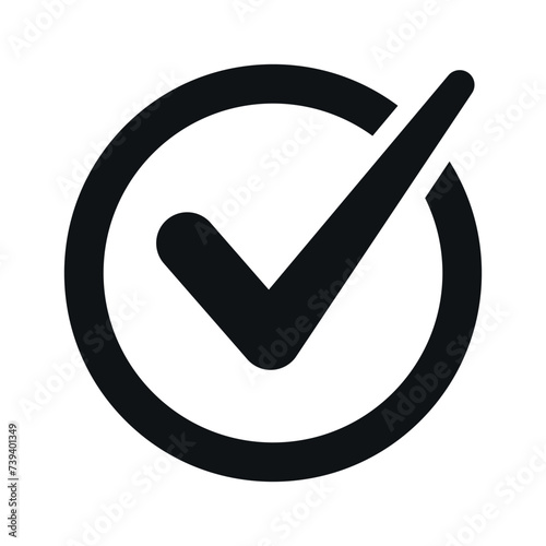 Check mark pictogram, acceptance icon. Black silhouette isolated on white background.