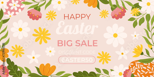 Happy Easter horizontal background template. Design with hand painted eggs and floral elements. Hand drawn flat vector illustration.
