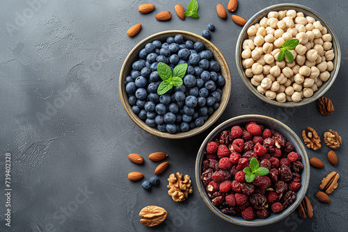 Top down view of bowls of fruits and nuts