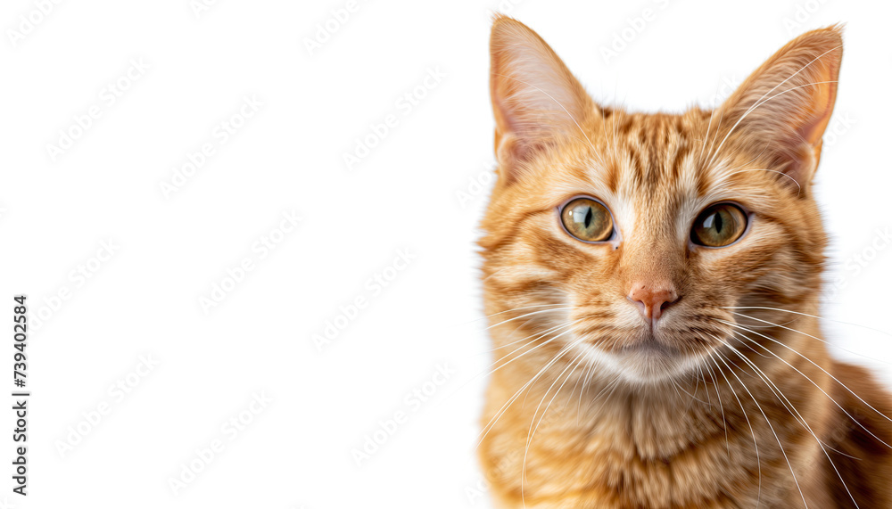 orange tabby cat is looking straight ahead at the camera isolated on white background