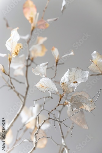 pastel leaves and flowers with silver and gold kintsugi patterns on a branch